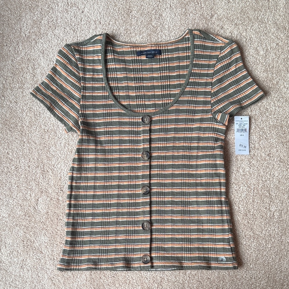 American Eagle Outfitters - Women’s Small Olive and Peach Striped Shirt